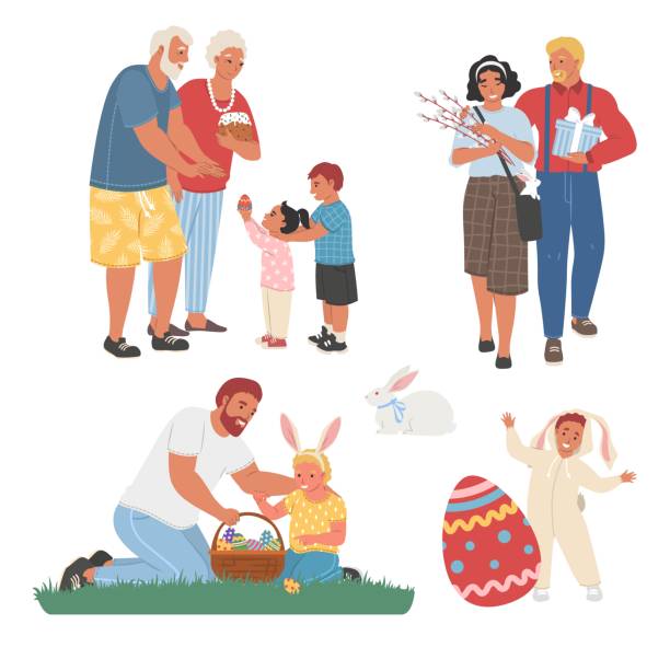 Family Easter celebration scene set, vector illustration. Spring season holiday with bunny, decorated eggs, cake, basket  easter sunday stock illustrations
