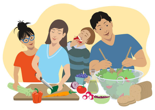 Family Eats Healthy Food A family of four help prepare a large salad with fresh vegetables healthy dinner stock illustrations