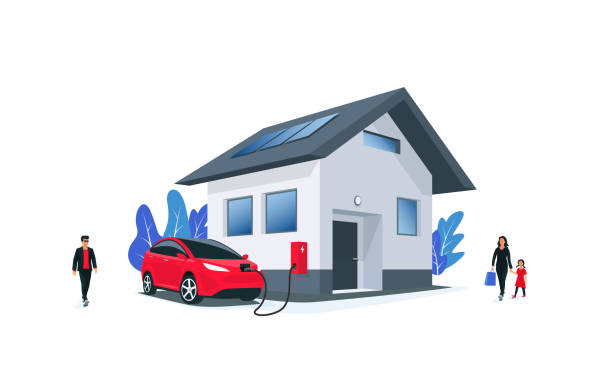 ilustrações de stock, clip art, desenhos animados e ícones de family electric car charging at home on wall box charger - car charger
