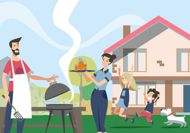 stockillustraties, clipart, cartoons en iconen met familie die van barbecue in binnenplaats geniet - family garden,party
