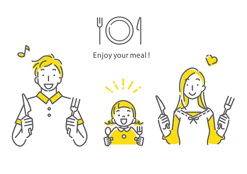 family enjoying meal, simple hand drawn illustration