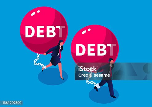 istock Family finances and household debt, business man and woman carrying huge debt iron ball together. 1364209500