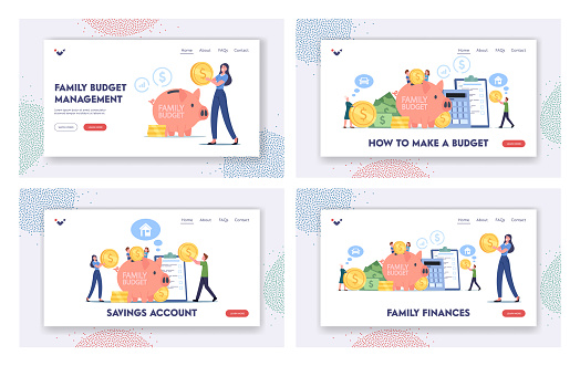 Family Finances, Budget Saving Landing Page Template Set. Tiny Characters Collect Coins into Huge Piggy Bank for Income