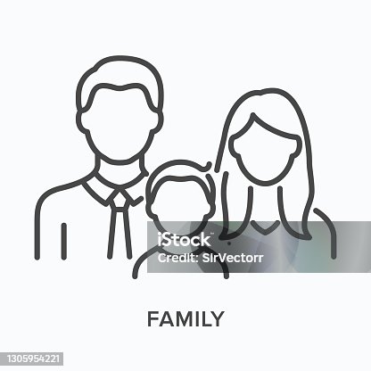 istock Family flat line icon. Vector outline illustration of male, female and child. Black thin linear pictogram for father, mother and son 1305954221