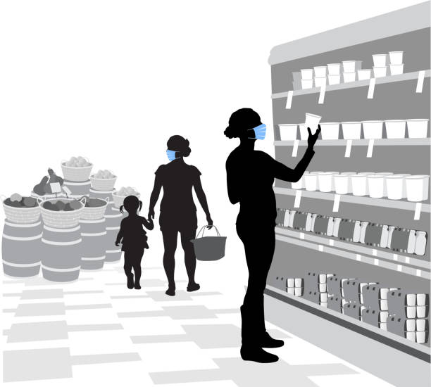 Family Food Health Safety People strolling through a grocery store with medical masks supermarket silhouettes stock illustrations