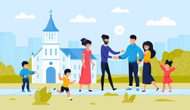 ilustraciones, imágenes clip art, dibujos animados e iconos de stock de reunión de amigos de la familia en city church building - church