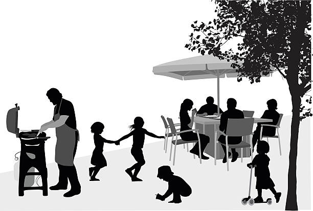 Family Friends Barbecue A vector silhouette illustration of a backyard barbeque with a family gathered at a patio table under an umbrella with a father tending to the grill.  Children play in the yard. cartoon of the family reunions stock illustrations