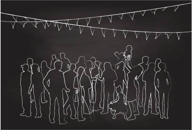 Family Gathering Party A chalk outline vector silhouette illustration of a family reunion with young adults, parents, children, under steamers. cartoon of the family reunions stock illustrations