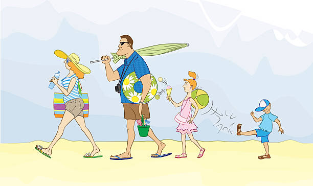 Drawing Of The People Walking On Beach Illustrations ...