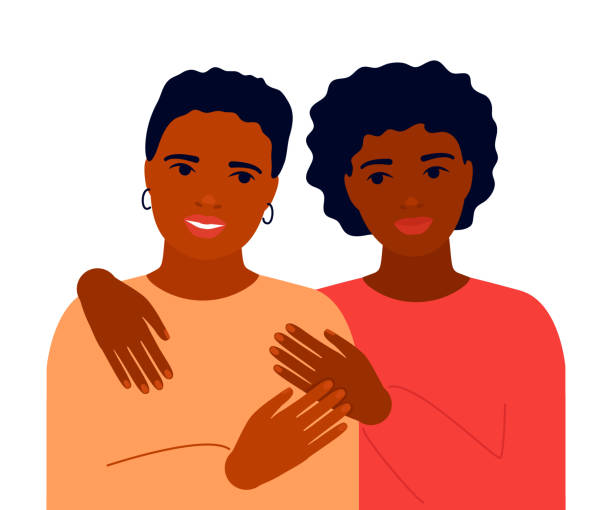 Family happy black mother and adult teenage black daughter are hugging. Mothers day concept. Adult sisters. Family understanding, love, consent, support. Vector illustration Family happy black mother and adult teenage black daughter are hugging. Mothers day concept. Adult sisters. Family understanding, love, consent, support. Vector african american mothers day stock illustrations