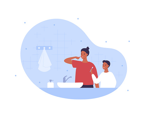 Family happy life concept. Dental oral care and hygiene. Vector flat people illustration. African american mother and son brush teeth by toothbrush and toothpaste on indoor bathroom background.
