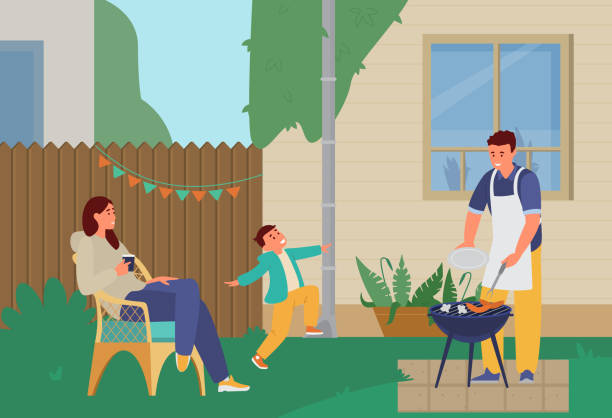 stockillustraties, clipart, cartoons en iconen met familie die grillpartij in de achtertuin heeft. - family garden,party