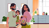 family holding baskets with eggs celebrating happy easter holiday parents and children wearing mask to prevent coronavirus modern living room interior horizontal portrait vector illustration