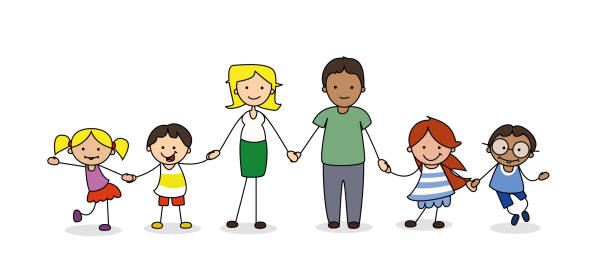family holding hands, children and parents illustration - family holding hands, children and parents illustration family clipart stock illustrations