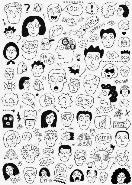 Family, human face - doodle set ,pencil drawings Doodle,Family,People,Human face,Sketch old man crying stock illustrations