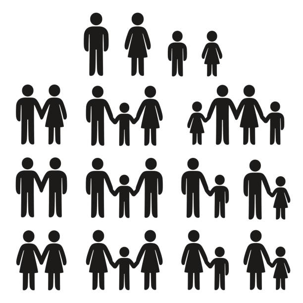 Family icons set Family icons set. Adults and children stick figure symbols. Traditional families and same sex partners, single parents with kids. Vector signs. adult stock illustrations