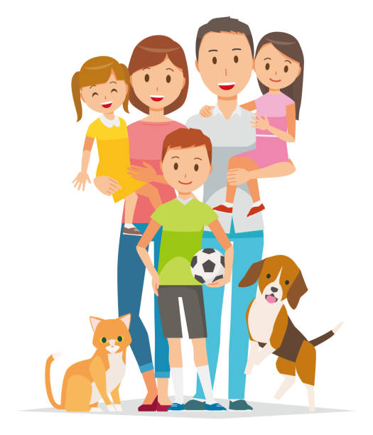 Family Illustration - 5 people and pets Family Illustration - 5 people and pets dog clipart stock illustrations
