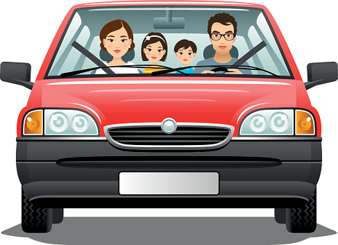 Family in a car on a white background