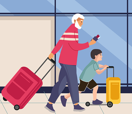 Family in airport. Man and boy walks with baggage. People rolls suitcases on wheels. Male and grandson going to aircraft landing. Vector passengers with luggage in departure terminal