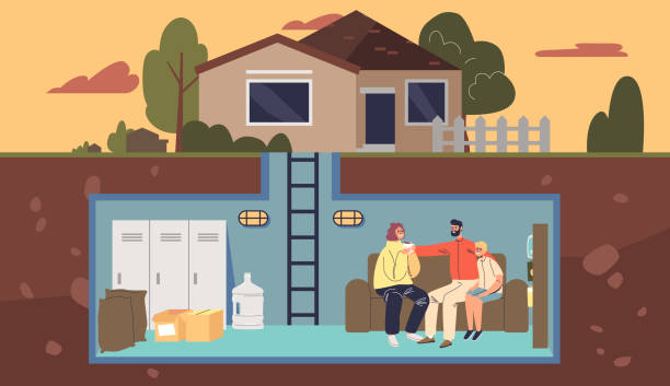 Family in home bunker, safe room food supplies. Parents and kid in room underground survival shelter Family in home bunker, safe room food supplies. Parents and kid sitting on sofa in room underground survival shelter. Cartoon flat vector illustration bomb shelter stock illustrations