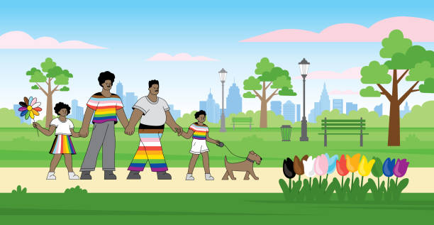 lgbtqia family in park - progress pride flag 幅插畫檔、美工圖案、卡通及圖標