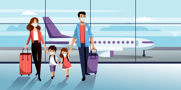 Family in protection masks in airport. Vector illustration. Traveling by airplane during coronavirus epidemic outbreak