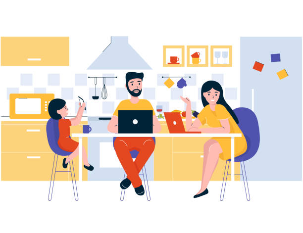 family in the kitchen on the table with laptops Concept happy young family sits in the kitchen at the table. Dad and mom work on the Internet at a laptop. Daughter watches cartoons on the phone. Kitchen room in modern flat line style. family dinner stock illustrations