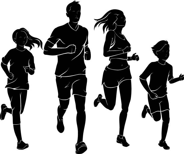 Family Jogging Isolated vector illustration of group or team activity sport and leisure family silhouettes stock illustrations