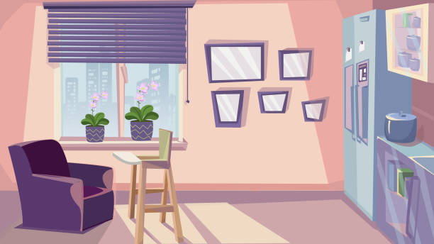 ilustrações de stock, clip art, desenhos animados e ícones de family kitchen interior design room furniture - family modern house window