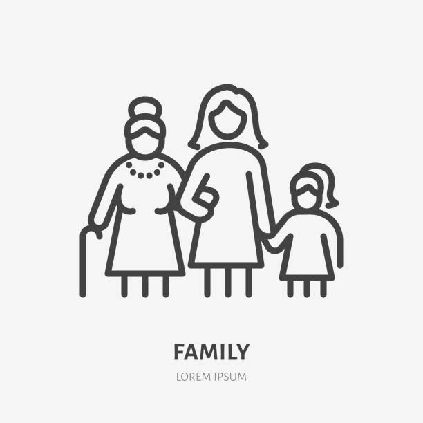 Family line icon, vector pictogram of three female generations - grandmother, mother, daugther. Young girl with older relatives illustration, people sign Family line icon, vector pictogram of three female generations - grandmother, mother, daugther. Young girl with older relatives illustration, people sign. mother icons stock illustrations
