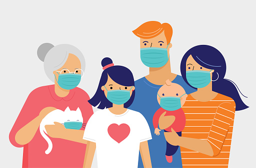 Family, mother, father, baby and a girl wearing medical masks during coronavirus outbreak. Covid-19 concept. Self isolation, quarantine. Vector flat style illustration