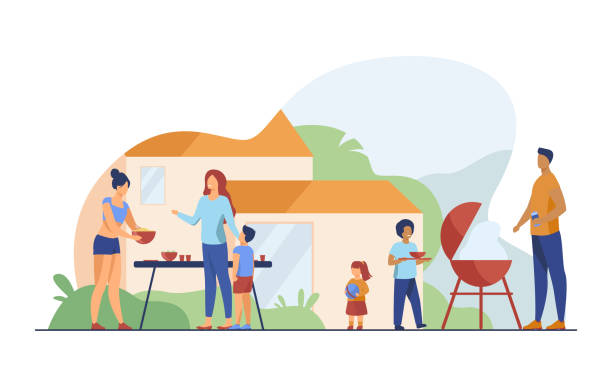 Family on BBQ party on backyard flat vector illustration Family on BBQ party on backyard flat vector illustration. Happy characters cooking, chatting and eating together outside near house. Kids playing in garden. Barbecue and outdoor activity concept family outdoors stock illustrations