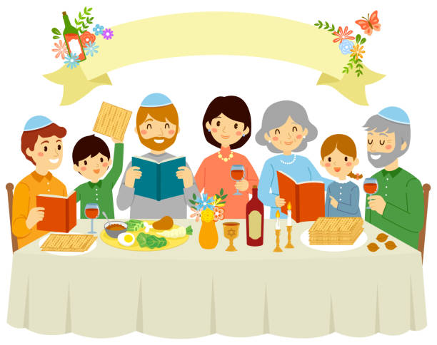 Family on Passover Eve Happy Jewish family celebrating Passover eve under a blank banner with floral decorations. passover stock illustrations