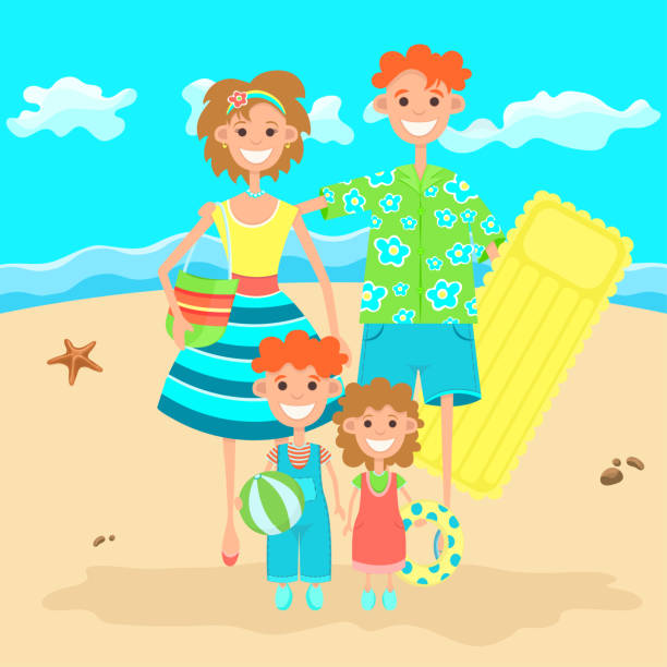 Family on vacation relaxing on the beach, flat colorful drawing. Cartoon character father, mother and children with swimming accessories against a sandy beach, sea and blue sky. Vector Family on vacation relaxing on the beach, flat colorful drawing. Cartoon character father, mother and children with swimming accessories against a sandy beach, sea and blue sky. Vector illustration drawing of family picnic stock illustrations