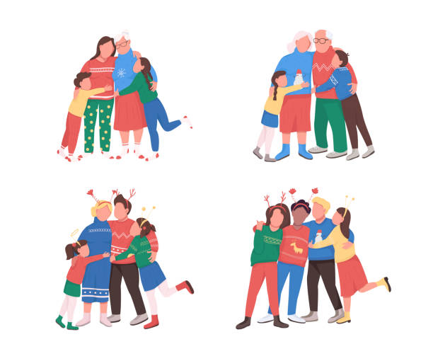 ilustrações de stock, clip art, desenhos animados e ícones de family on winter holidays flat color vector faceless character set - grandparents hug