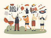 Family or Friend Characters Spend Time on Outdoor Bbq. People Cooking and Eating Sausages and Meat with Vegetables on Front Yard Having Barbecue Fun at Summer Time Vacation. Linear Vector Illustration