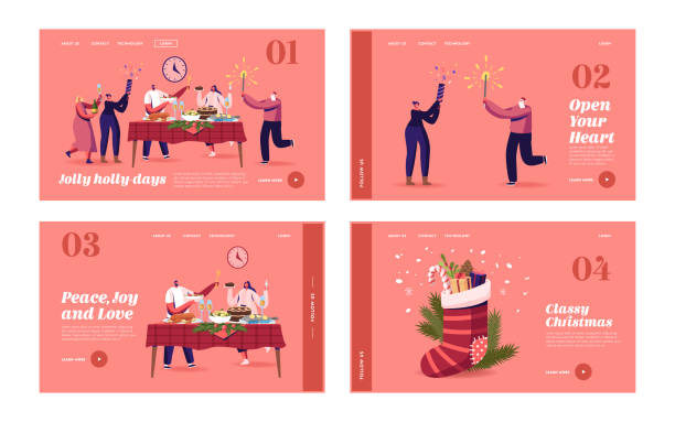 ilustrações, clipart, desenhos animados e ícones de conjunto de modelos da página de desembarque do jantar de natal da família ou amigos. personagens felizes celebrando natal à mesa com a turquia - natal, familia