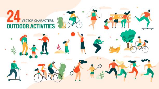 Family Outdoor Activities Vector Characters Set Family Outdoor Activities, Summer Leisure Entertainment Trendy Vector Set Isolated on White Background. Parents with Children Playing in Park, Riding Bicycle, Playing in Park Characters Illustration family outdoors stock illustrations
