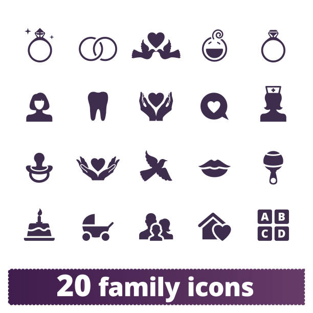 Family, Parenting And Childhood Vector Icons Family vector icons set. Collection of simple monohrome symbols related to home, love, baby, family holidays, engagement and wedding. Isolated vector set on white background. wedding clipart stock illustrations