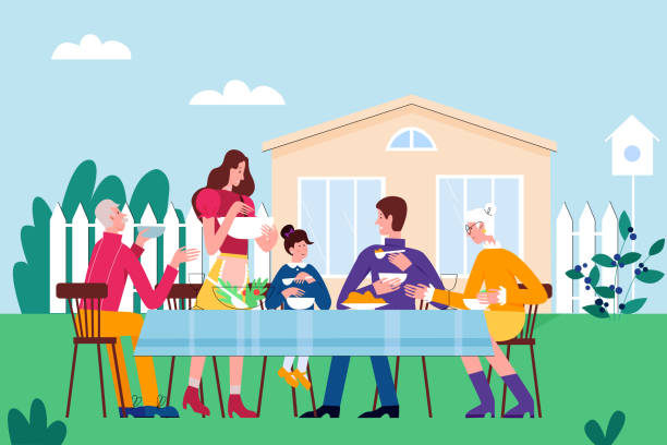 stockillustraties, clipart, cartoons en iconen met de mensen van de familie eten voedsel op picknickpartij in huistuin in de achtertuin - family garden,party
