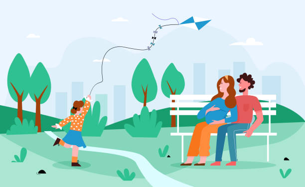 Family people in park vector illustration, cartoon flat happy pregnant mother and father spend time together with girl kid in city park background Family people in park vector illustration. Cartoon flat happy pregnant mother and father spend time together with girl kid in city park, child running with kite, summer outdoor activity background family outdoors stock illustrations