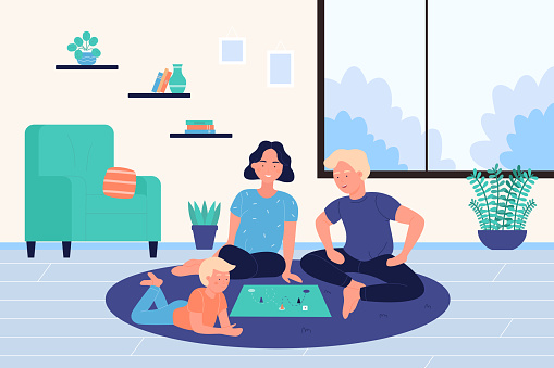 Family people play board game at home vector illustration. Cartoon mother, father and child characters playing together, sitting on living room floor during winter holidays. Happy childhood background vector