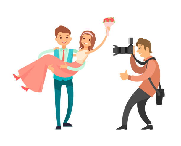 illustrations, cliparts, dessins animés et icônes de photographe de famille faisant des photos couples mariés - photographe mariage