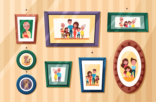 Family photos with Parents and kids portrait in frames. Memory pictures with grandparents, children and pets. Vector cartoon illustration