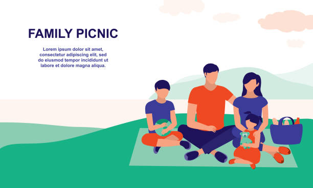 Family Picnic At The Park. Tourism, Recreation And Picnic Concept. Vector Flat Cartoon Illustration. Family With Two Children Sitting On A Picnic Blanket, Enjoying The Peace And Nature And Their Time Together. latin family stock illustrations