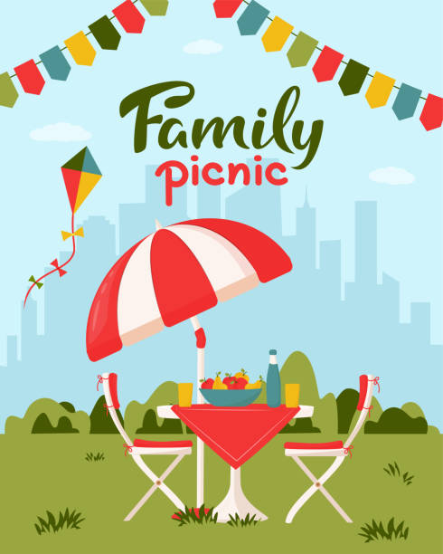 stockillustraties, clipart, cartoons en iconen met de picknickconcept van de familie. openluchtpicknick in een park. - family garden,party