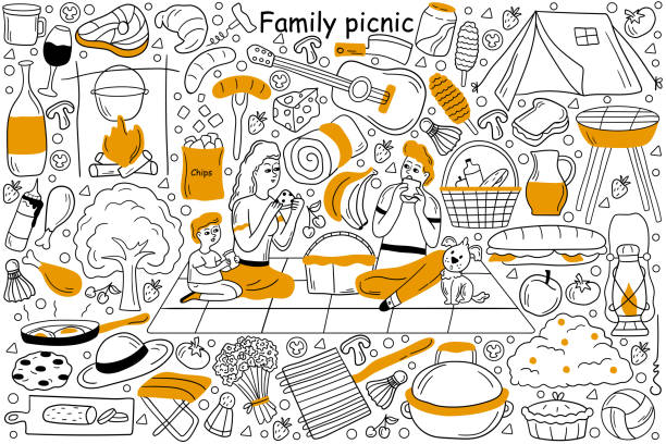 Family picnic doodle set Family picnic doodle set. collection of hand drawn sketches templates patterns of man father woman mother with children having outing in city park. outdoor dining joint recreation outline illustration drawing of family picnic stock illustrations