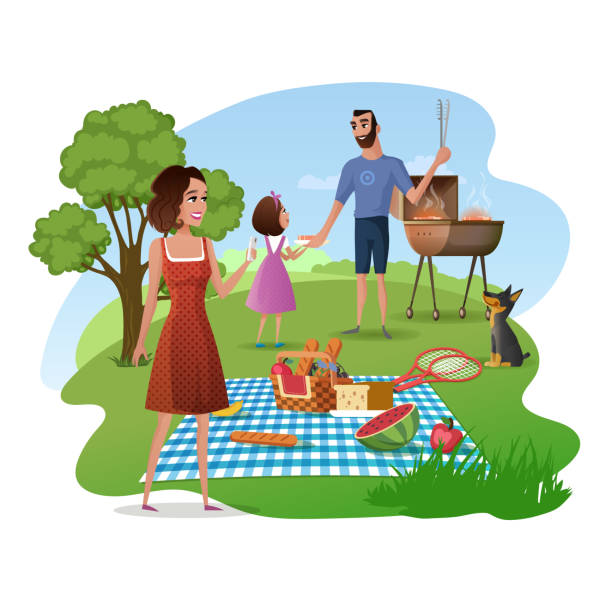 stockillustraties, clipart, cartoons en iconen met familie picknick in het park of tuin cartoon vector - family garden,party