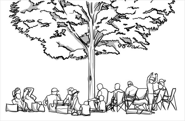 Family Picnic In The Shade Vector illustration of a park scene with an extended family having a picnic and sitting on the ground and in lawn chairs drawing of family picnic stock illustrations