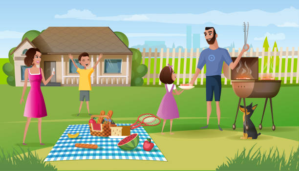 stockillustraties, clipart, cartoons en iconen met familie picknick op landhuis yard cartoon vector - family garden,party